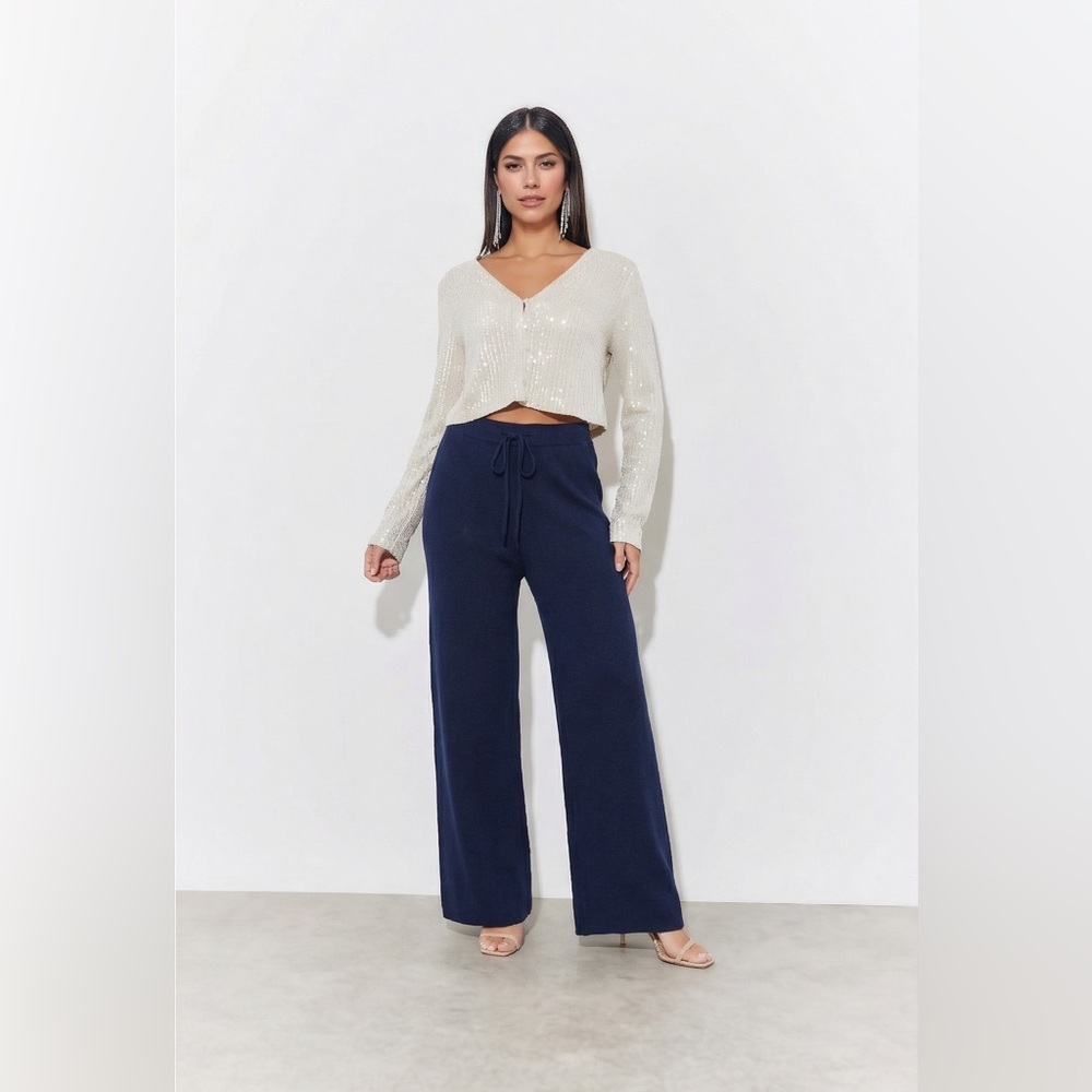 Cyrus Pull On Wide Leg Pants S (26x28) Navy Lounge Sweater Knit Womens New NWT